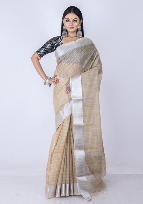 Beige Zari Embellished Silk Blend Saree Set