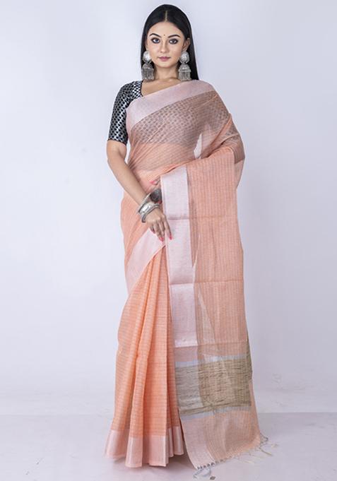 Orange Zari Embellished Silk Blend Saree Set