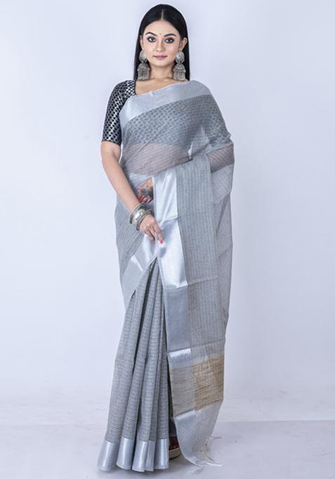 Grey Zari Embellished Saree Set