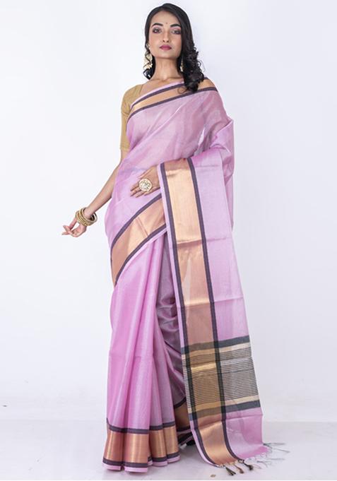 Purple Zari Embroidered Silk Blend Saree Set