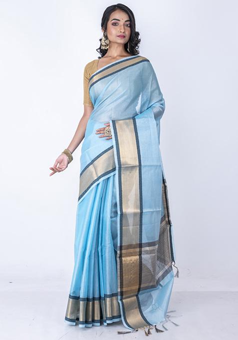 Light Blue Golden Zari Embroidered Saree Set