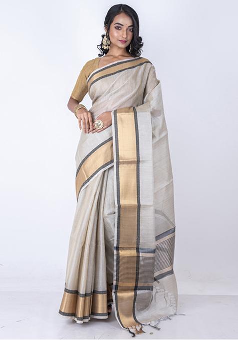 Cream Golden Zari Embroidered Saree Set