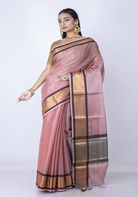 Pink Golden Zari Embroidered Saree Set