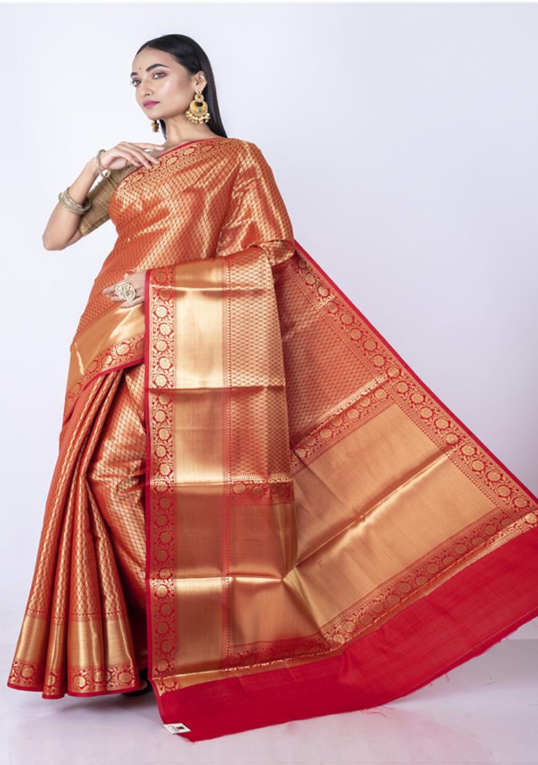Red Zari Embroidered Silk Blend Saree Set