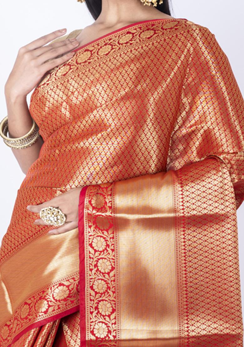 Red Zari Embroidered Silk Blend Saree Set