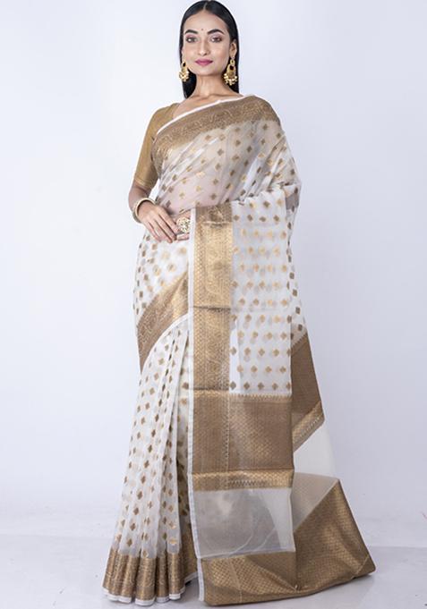 White Zari Embroidered Silk Blend Saree Set