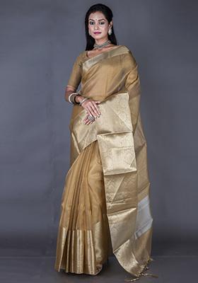 Golden Zari Embroidered Silk Blend Saree Set