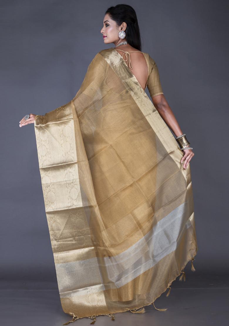 Golden Zari Embroidered Silk Blend Saree Set