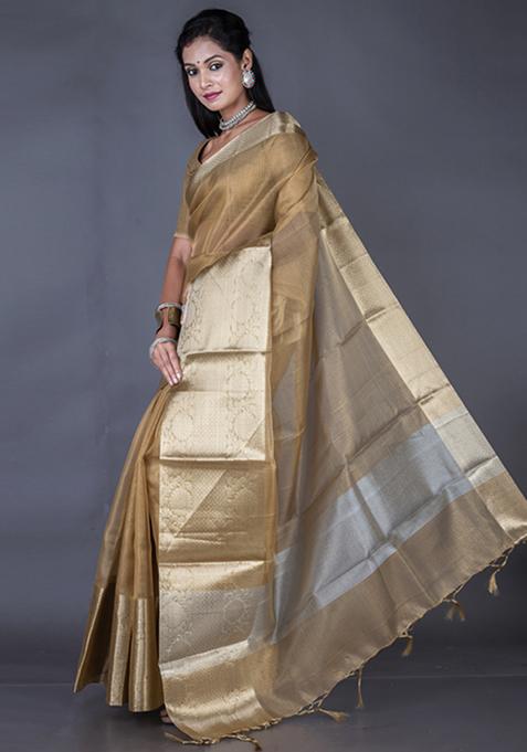 Golden Zari Embroidered Silk Blend Saree Set
