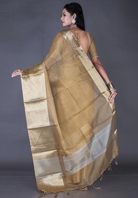 Golden Zari Embroidered Silk Blend Saree Set