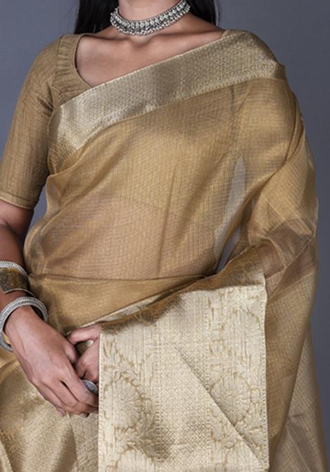 Golden Zari Embroidered Silk Blend Saree Set