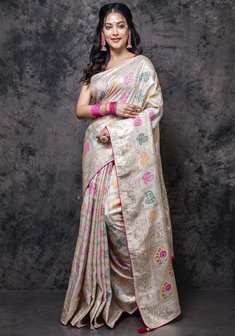 Cream Dola Silk Blend Saree Set