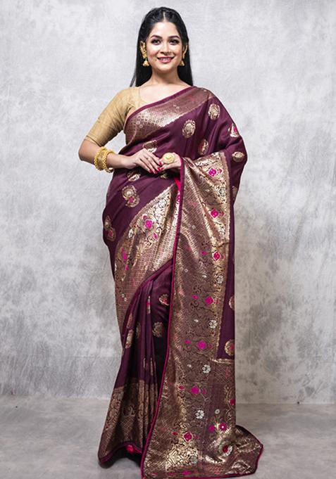 Brown Dola Silk Blend Saree Set