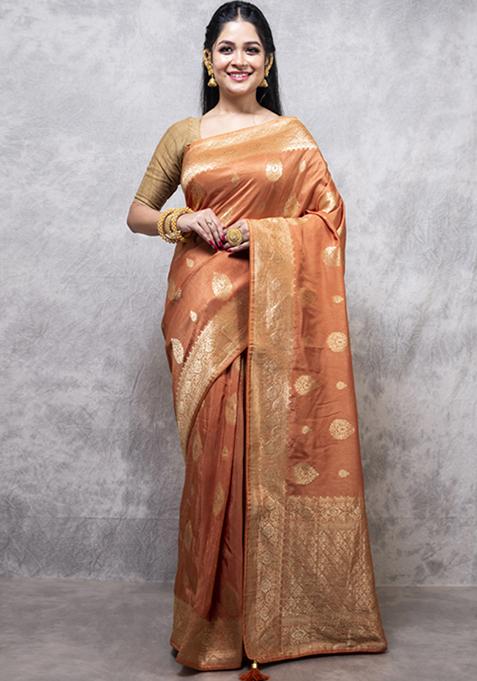 Brown Dola Silk Blend Saree Set