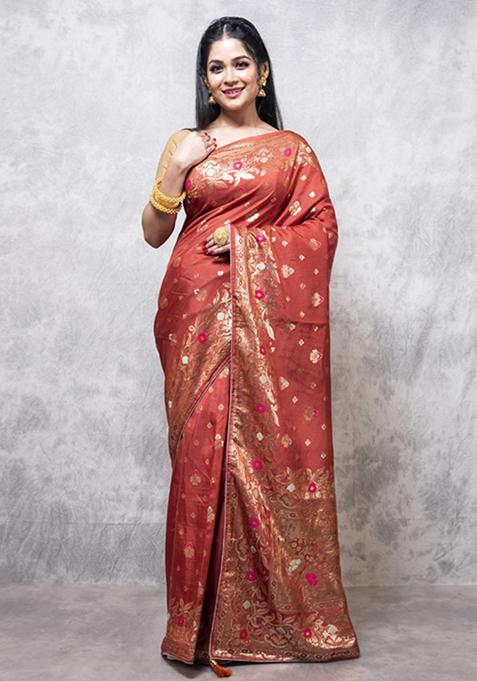 Dark Mustard Dola Silk Blend Saree Set