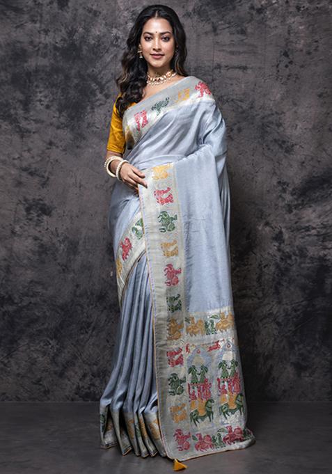 Grey Dola Silk Blend Saree Set