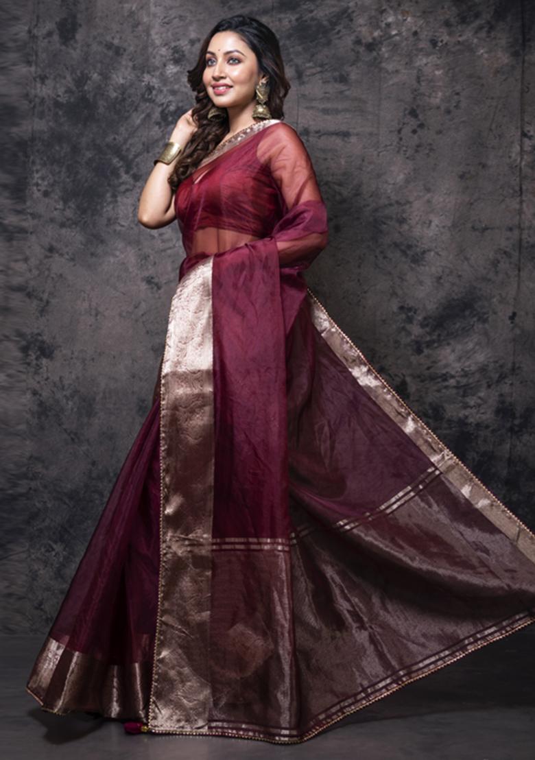 Brown Organza Silk Blend Saree Set