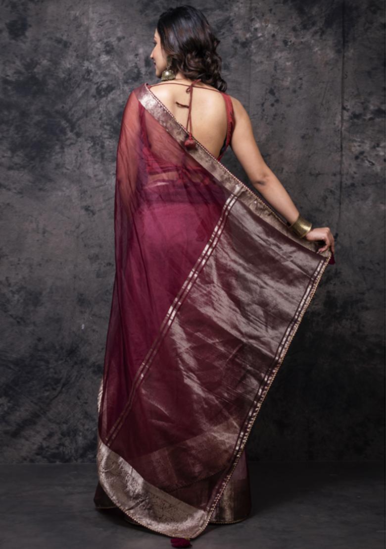 Brown Organza Silk Blend Saree Set
