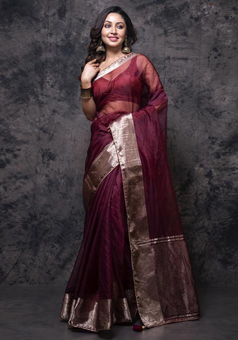 Brown Organza Silk Blend Saree Set