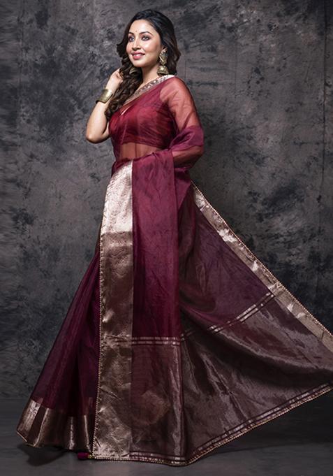 Brown Organza Silk Blend Saree Set