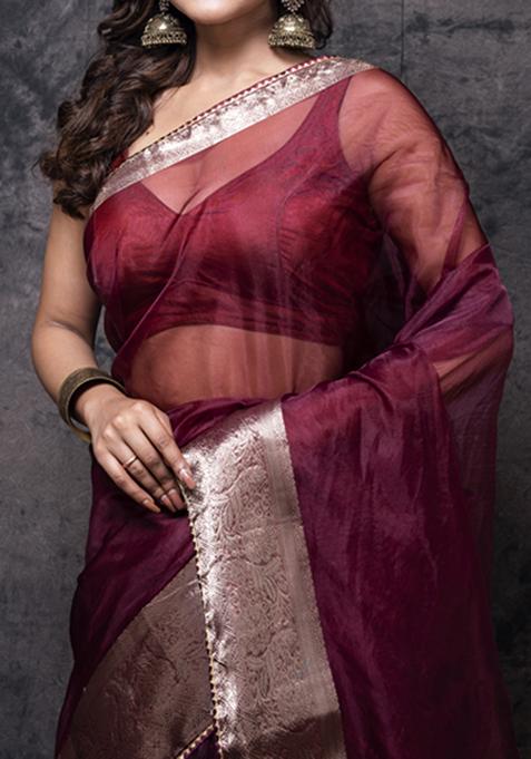 Brown Organza Silk Blend Saree Set