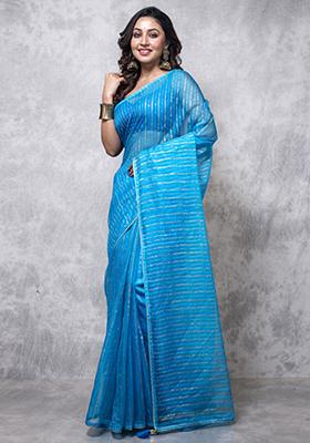 Light Blue Organza Silk Blend Saree Set