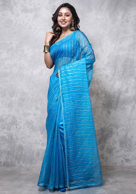 Light Blue Organza Silk Blend Saree Set