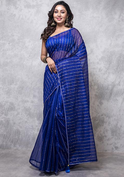 Navy Blue Organza Silk Blend Saree Set