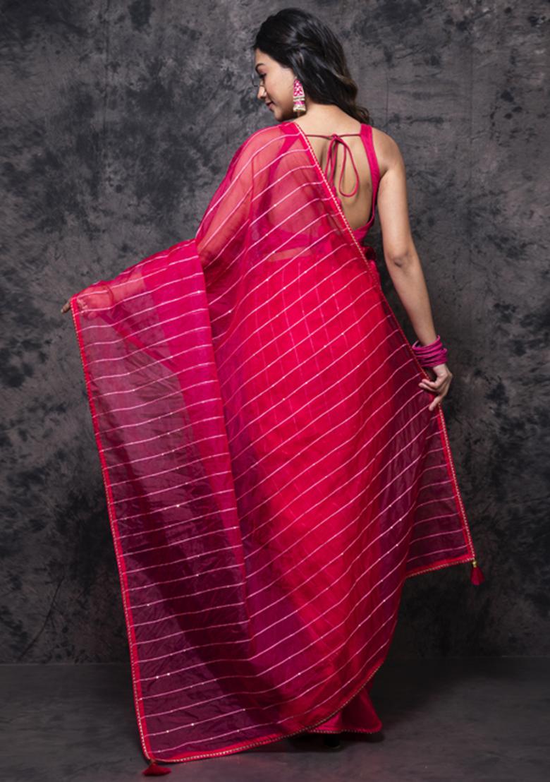 Red Organza Silk Blend Saree Set
