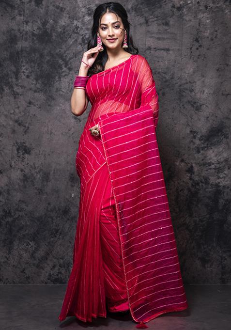 Red Organza Silk Blend Saree Set