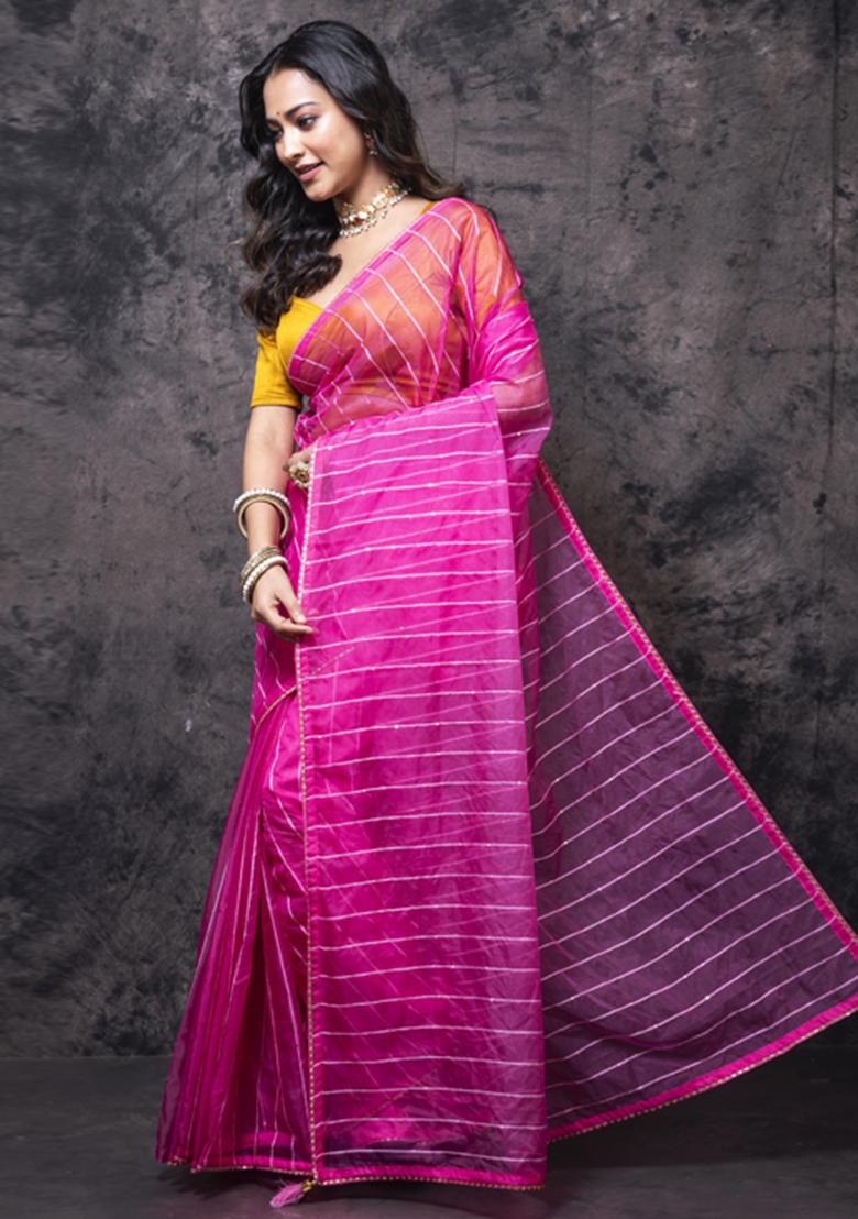 Pink Organza Silk Blend Saree Set