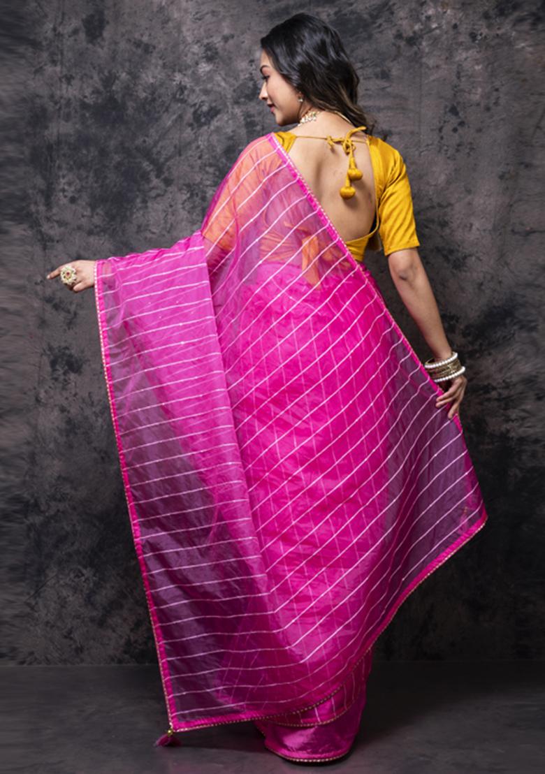 Pink Organza Silk Blend Saree Set