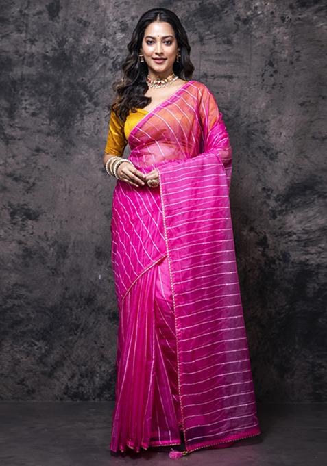 Pink Organza Silk Blend Saree Set