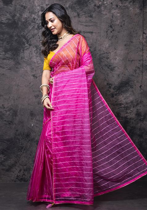 Pink Organza Silk Blend Saree Set