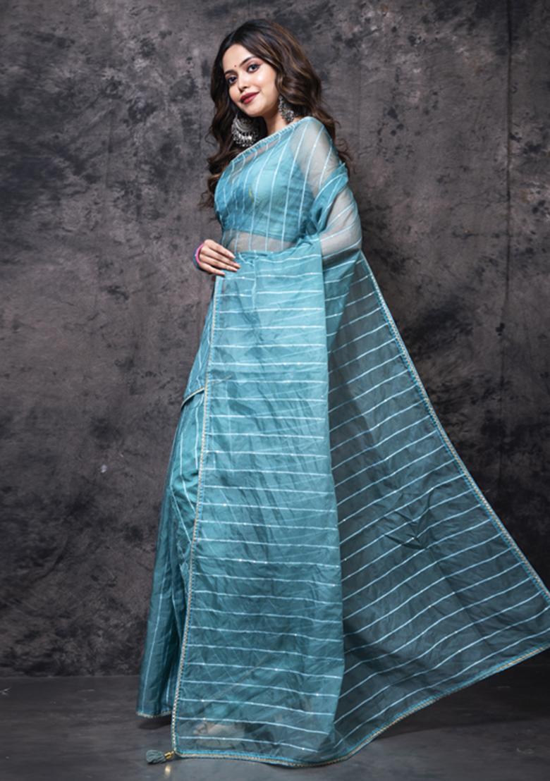 Light Green Organza Silk Blend Saree Set