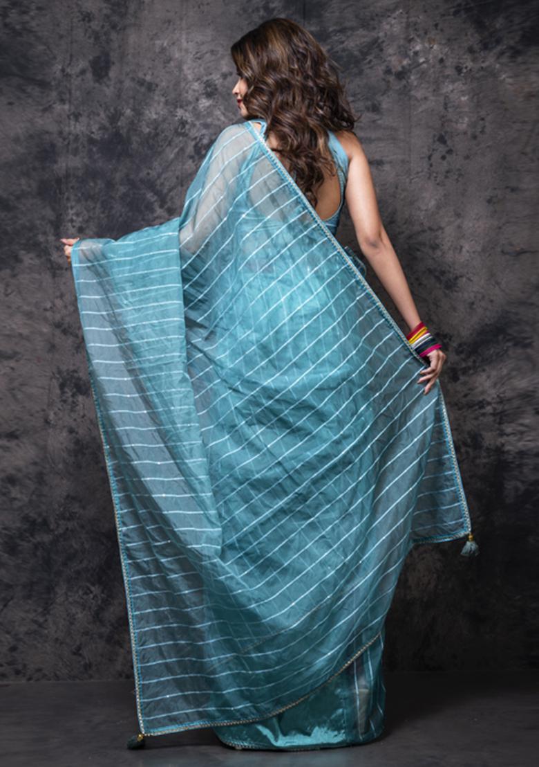 Light Green Organza Silk Blend Saree Set