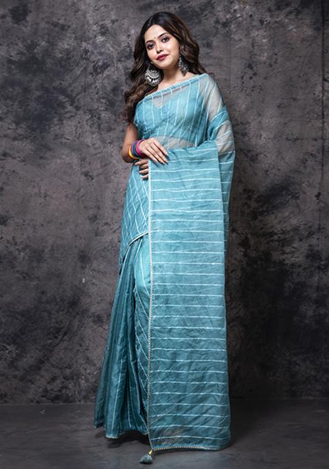 Light Green Organza Silk Blend Saree Set