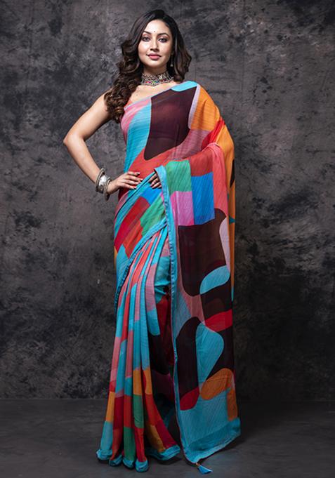 Multicolour Digital Print Silk Blend Saree Set