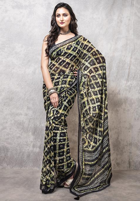 Multicolour Printed Georgette Silk Blend Saree Set