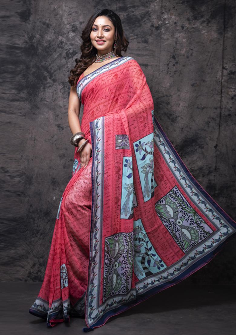 Multicolour Printed Silk Blend Saree Set