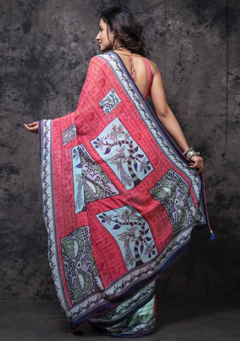 Multicolour Printed Silk Blend Saree Set