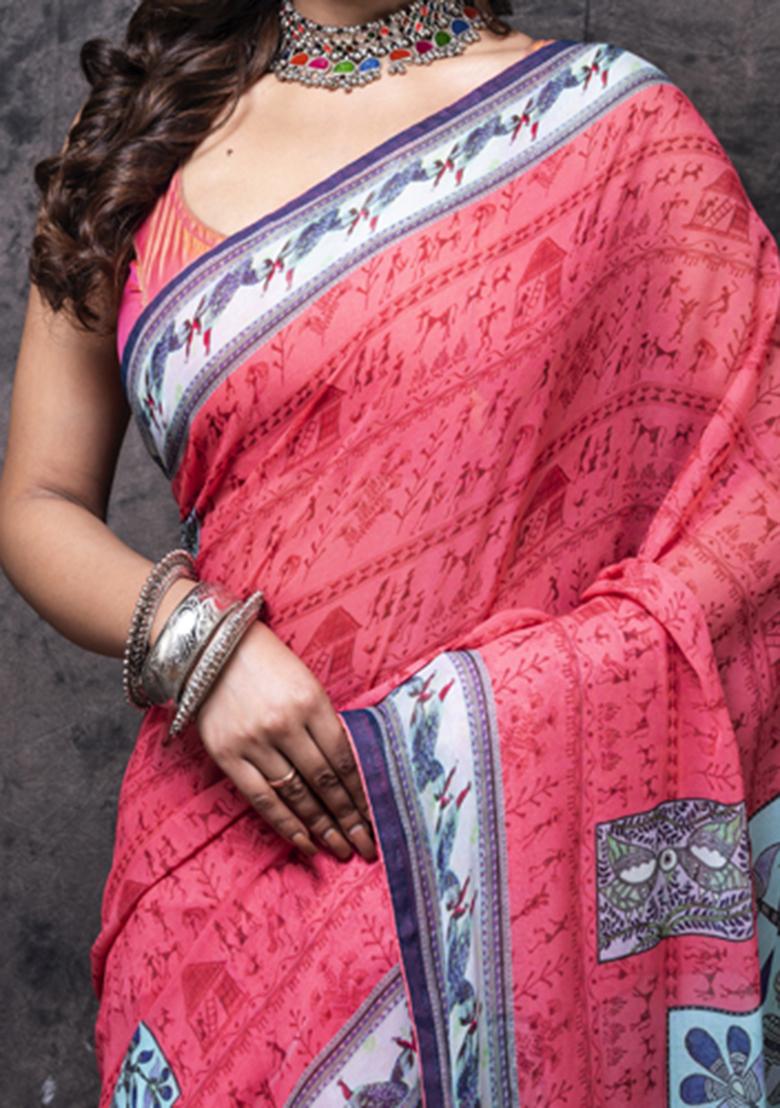 Multicolour Printed Silk Blend Saree Set