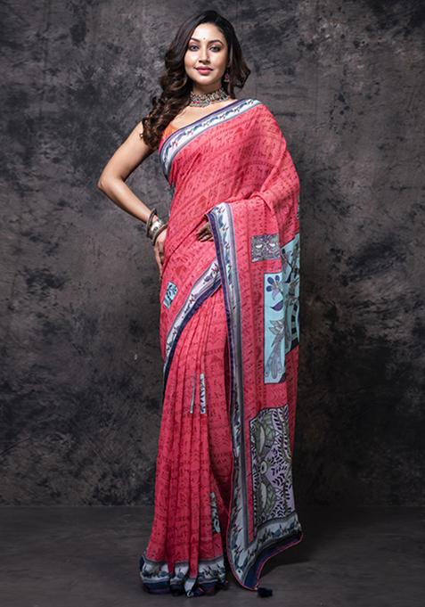 Multicolour Printed Silk Blend Saree Set