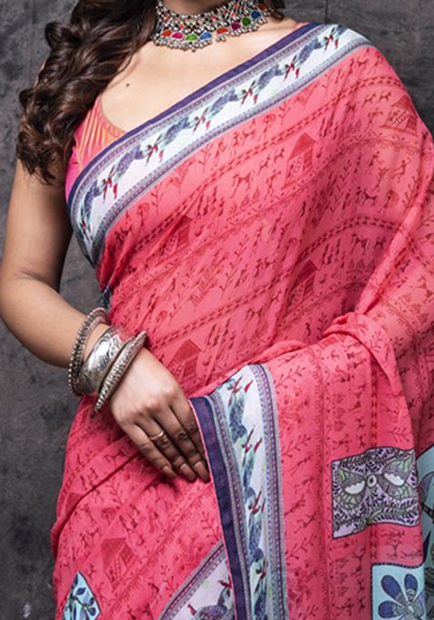 Multicolour Printed Silk Blend Saree Set