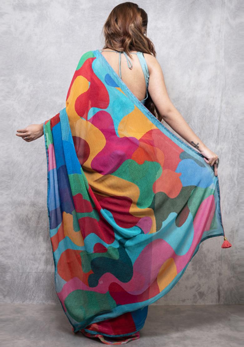 Multicolour Printed Saree Set