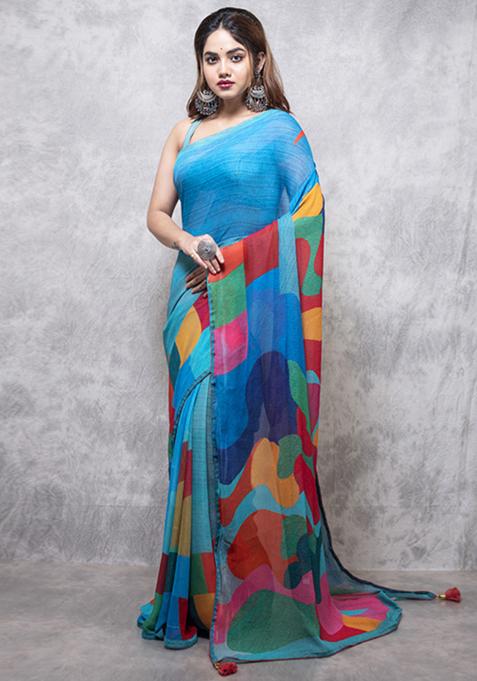 Multicolour Printed Saree Set