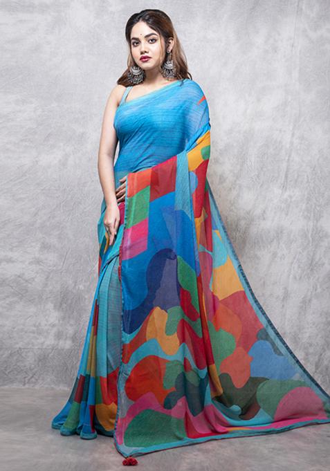 Multicolour Printed Saree Set