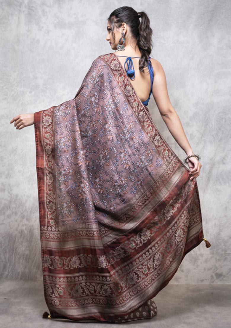 Multicolour Printed Opara Silk Blend Saree Set