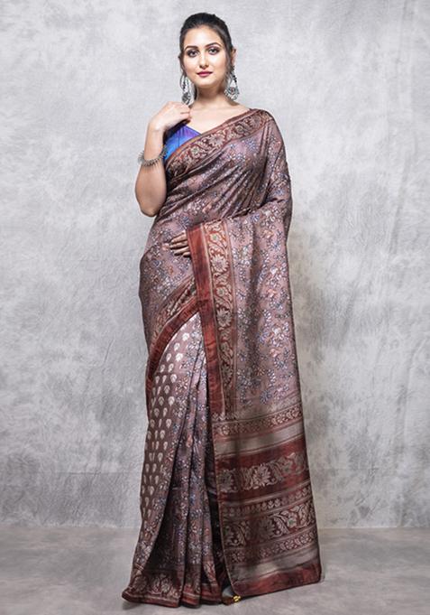 Multicolour Printed Opara Silk Blend Saree Set