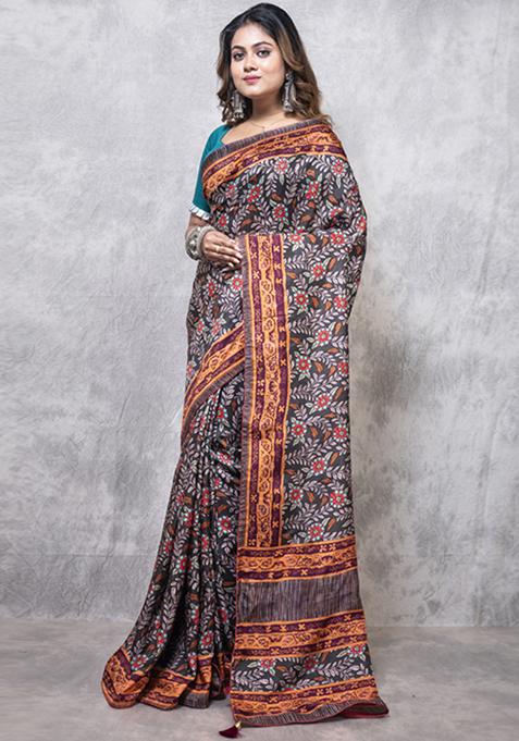 Multicolour Digital Print Opara Silk Blend Saree Set